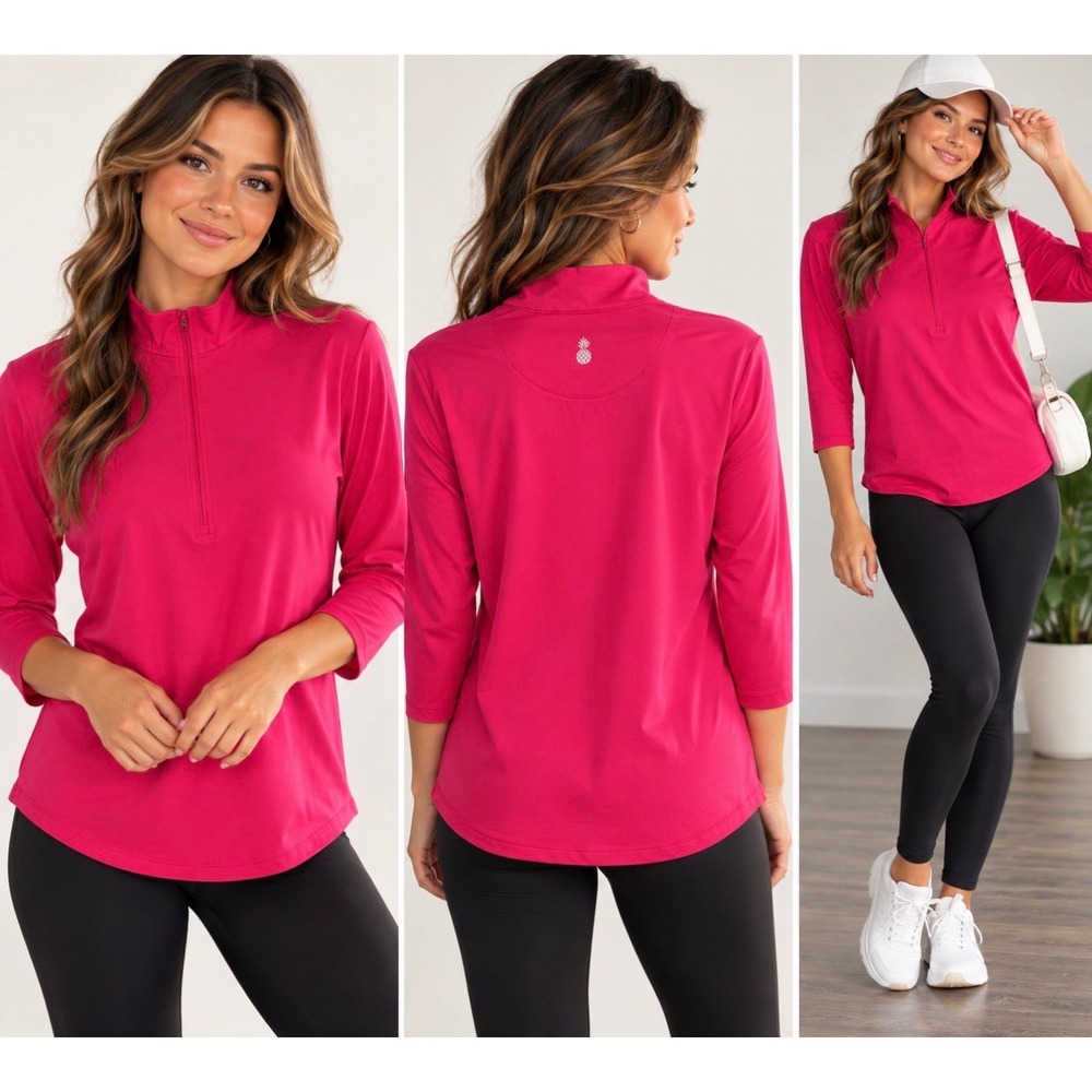 Tommy Bahama IslandZone Pink Quarter Zip 3/4 Sleeve Active Top Womens Small
